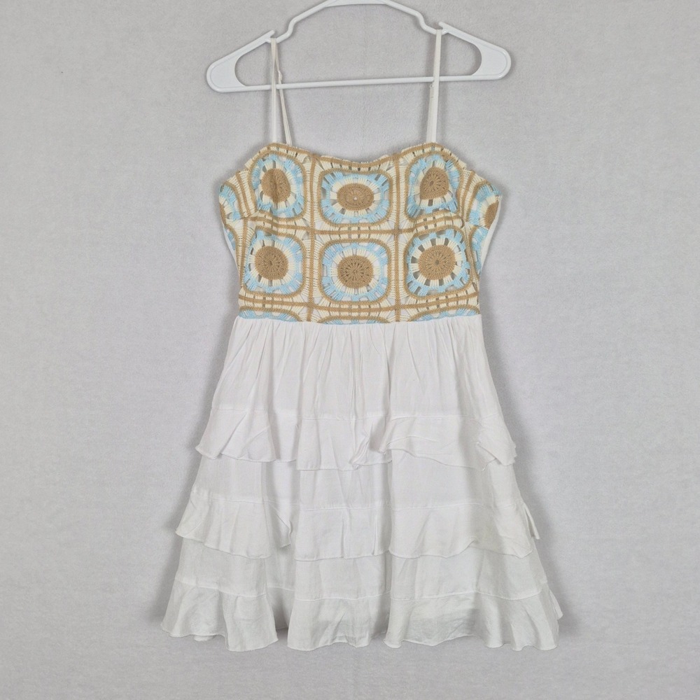 Francesca's Crochet Ruffle Tiered Mini Dress White Blue Tan Medium Coquette Femi